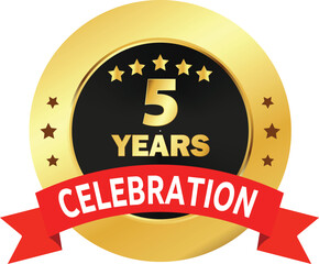 5 Years Celebration seal, 5 Years Golden Logo, 5 Years Anniversary, Five Years Celebration with Red Ribbon, Celebration in Golden Red ribbon
