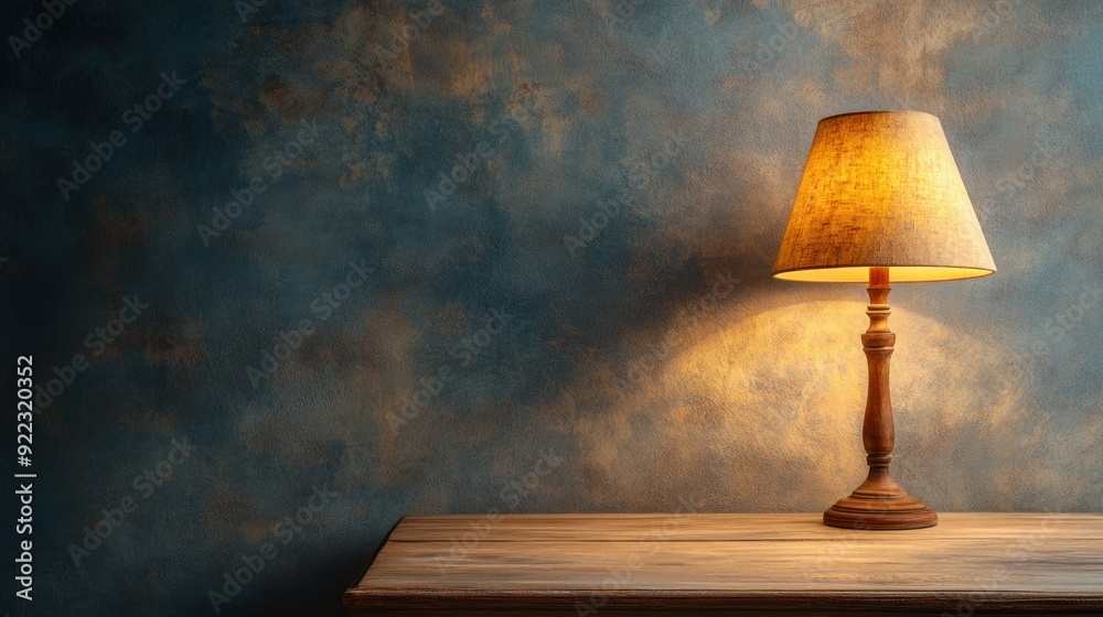 Wall mural table lamp on wooden table against blue wall