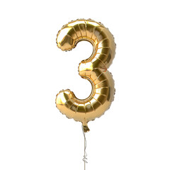 Isolated Gold Balloon Number Three with Transparent Design.