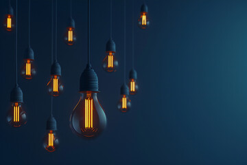 Hanging Vintage Edison Light Bulbs with Warm Glow on Dark Blue Background – Perfect for Industrial Decor, Creative Lighting, and Innovation Concepts  Copyspace