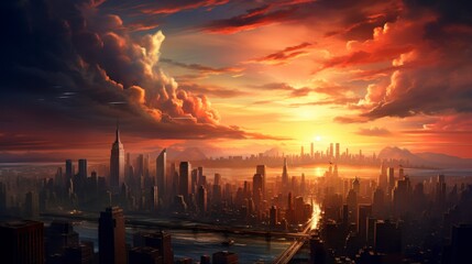 A vibrant sunset over a futuristic city skyline with dramatic clouds reflecting the light.