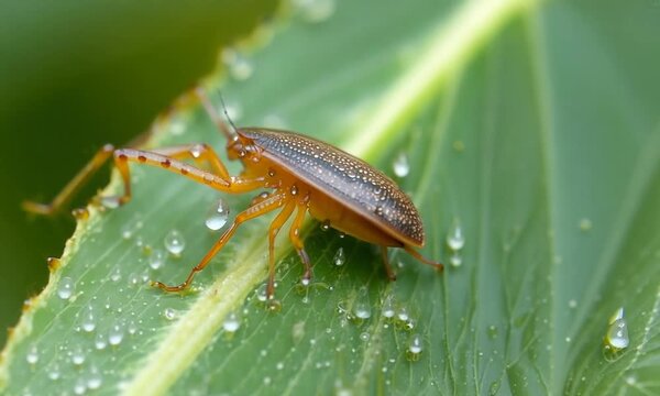 Stenodema is genus of true bug in Miridae family sitt in green leaf, macro a herb view, ed eggs on belly