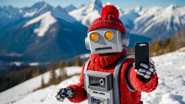 A cheerful robot captures a winter selfie in the snowy mountains under bright blue skies