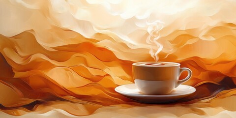 A steaming cup of coffee on a textured beige and orange background