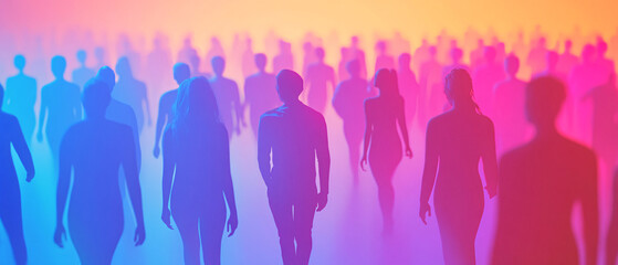 Silhouettes of People Walking in a Neon Glow  Crowd, Motion, Abstract, Abs