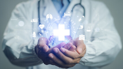 Doctor hold virtual medical network connection icons. Medical technology and futuristic...
