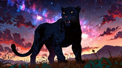 野原に立つ怒った黒豹が銀河を眺めるカラフルで風変わりなアニメーションの動画