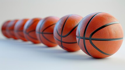 A row of basketballs, featuring detailed close-up views of the leather and rubber, on a clean white background, with room for text, ideal for a gym or court promotion.