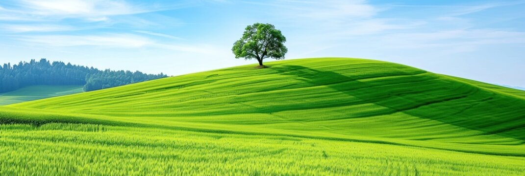 A lone tree stands majestically on a lush, rolling hill under a clear blue sky, symbolizing tranquility and natural beauty in a serene landscape.