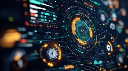 A digital dashboard displaying ISO standards and safety metrics in a sleek futuristic design