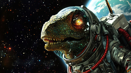 A close up of a dinosaur in an astronaut suit with the earth behind it, AI