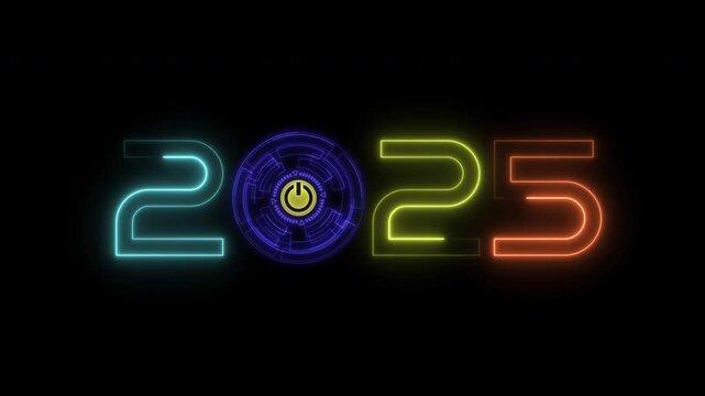 2025 concept of new year beginning, happy celebration, festival, new life, growth of business, investment, innovation. Glowing neon line word of 2025 with power button icon on transparent background.