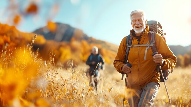 A happy hiker enjoying the autumn landscape on a sunny day, showcasing the beauty of nature and outdoor activities. - Powered by Adobe
