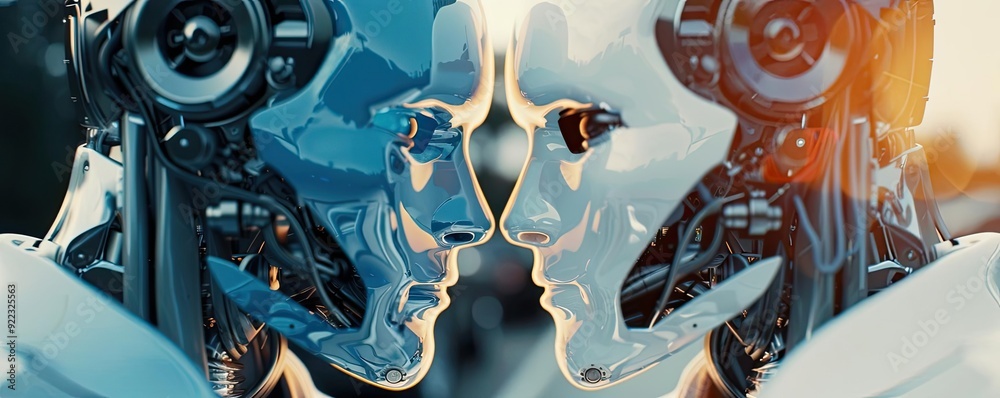 Aufkleber Close-up of two futuristic robots facing each other, showcasing their intricate design and advanced technology.