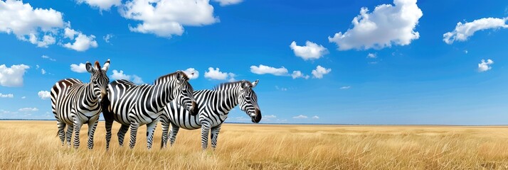 Group of zebras standing in a vast grassland under a clear blue sky with scattered clouds, showcasing the beauty of wildlife and nature.