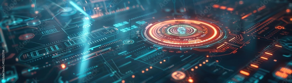 Poster Futuristic digital interface with glowing circuits and intricate patterns, ideal for technology and innovation concepts.