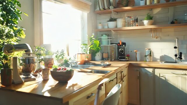 Modern kitchen with open shelving, white subway tile backsplash, and lush green plants, creating a fresh and organized space. Interior design concept.