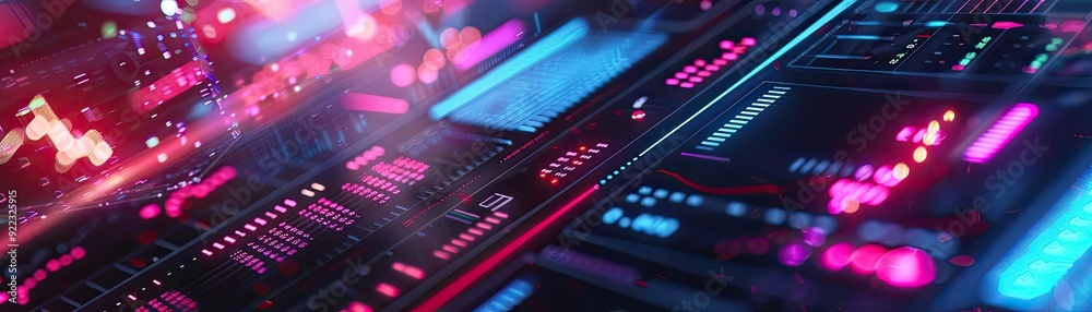 Poster futuristic digital interface with vibrant neon colors, showcasing data analysis and technology innov