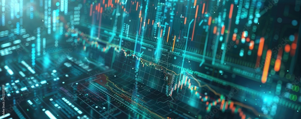 Poster Abstract digital background representing financial data trends and analytics in a futuristic style.
