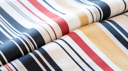 Colorful striped fabric with red, navy, and gold patterns laid flat for textile design inspiration