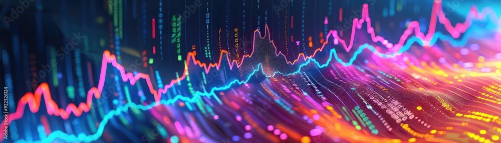 Poster Abstract digital wave graph representing data trends with vibrant colors and smooth lines, ideal for tech and finance themes.