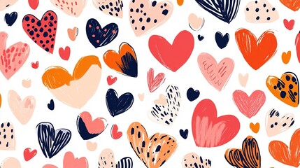 Colorful pattern of hand-drawn hearts on a white background showcasing various sizes and designs