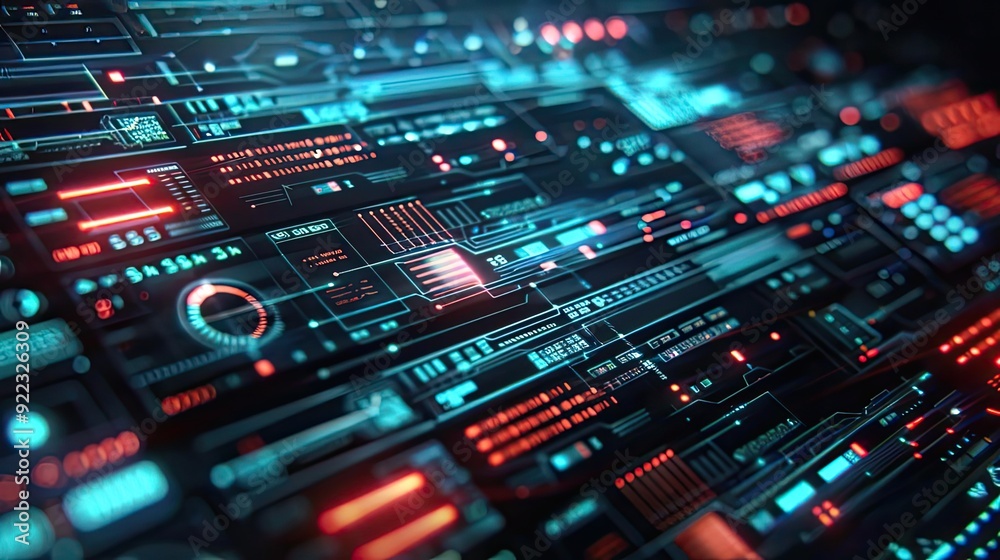 Poster futuristic digital interface with glowing lines and vibrant colors, ideal for technology and innovat