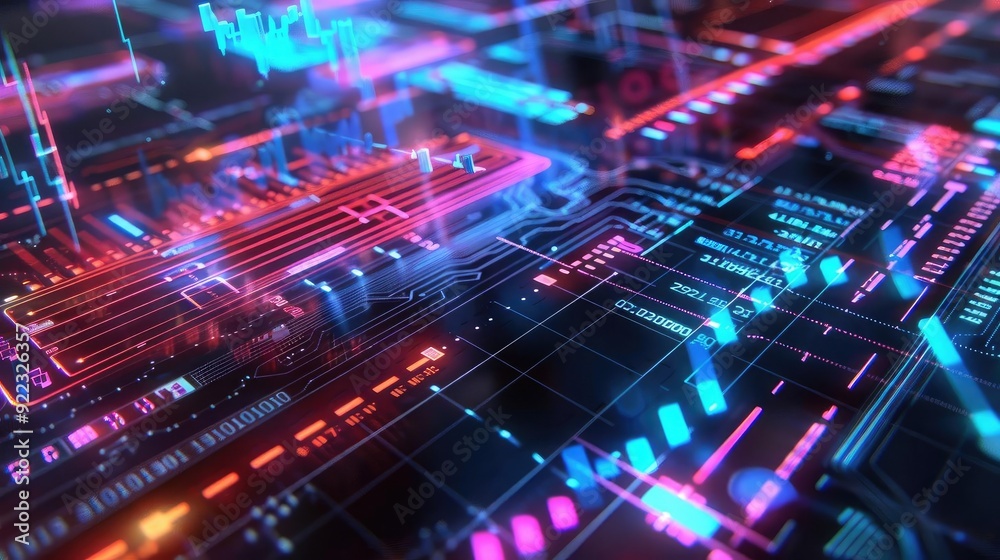 Poster futuristic circuit board with vibrant neon lights and intricate patterns, symbolizing advanced techn
