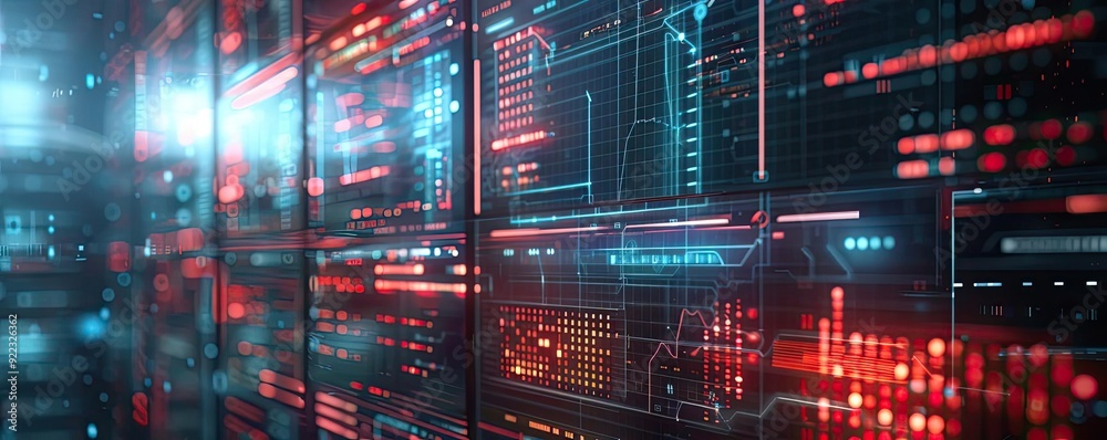 Poster Futuristic data visualization with glowing lights and intricate patterns, ideal for technology and digital innovation themes.