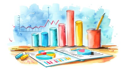 Colorful watercolor illustration of business charts and graphs, perfect for analytics, data visualization, and financial presentations.