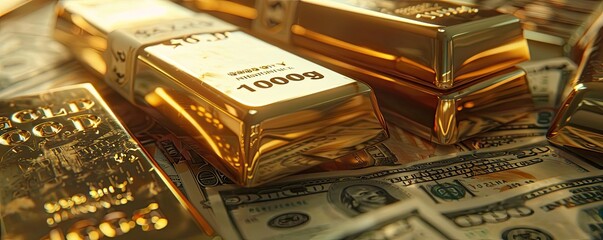 A close-up view of gold bars resting on a bed of cash, illustrating wealth and investment potential.