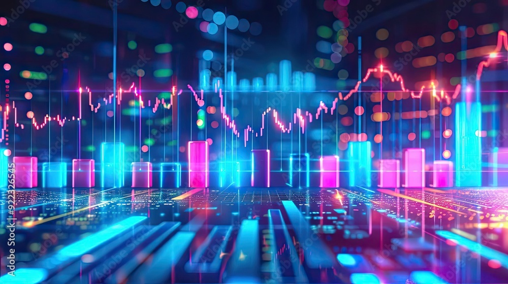 Aufkleber Vibrant digital financial graph displaying data trends with colorful bars and lines on a futuristic background.