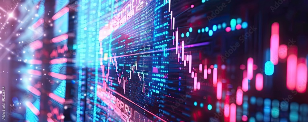 Poster vibrant digital stock market graph showcasing data trends with glowing lines and colorful bars, idea