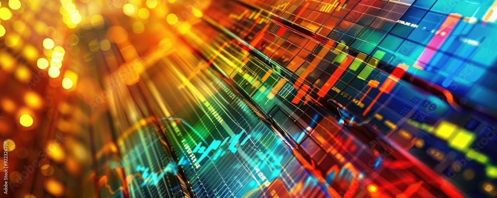 Poster Vibrant abstract background showcasing colorful lines and shapes, representing digital data and technology in a dynamic way.