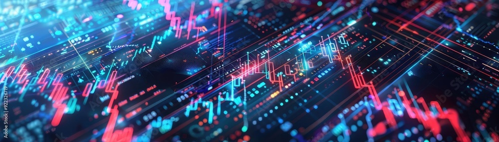 Poster dynamic stock market visualization with vibrant data charts and glowing trends. an engaging depictio