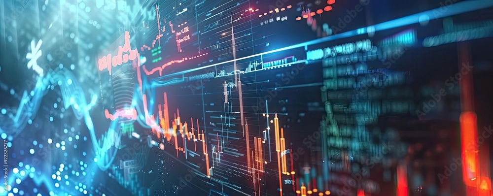 Poster Dynamic digital chart displaying fluctuating financial data against a vibrant tech background, symbolizing market analysis.