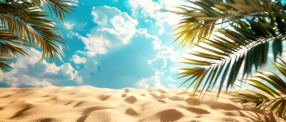 Naklejka premium Peaceful tropical beach with golden sand, blue sky, and clouds framed by lush palm fronds. Perfect for travel and vacation vibes.