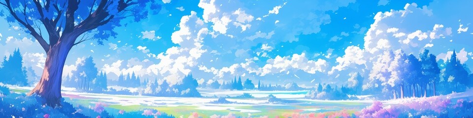 Fototapeta premium Enchanting Winter Wonderland: Anime-Style 4K Illustration of Magical Snowy Landscape with American Elm Trees. Vibrant Blue Sky and Delicate Snowflakes Create a Whimsical Seasonal Scenery. Perfect for 