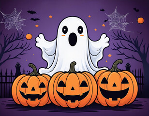 Halloween background with ghost, pumpkins, spider webs,  bats on purple surface. Vector cartoon illustration.