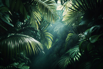 A dense, misty rainforest with lush green foliage and beams of sunlight filtering through the canopy.