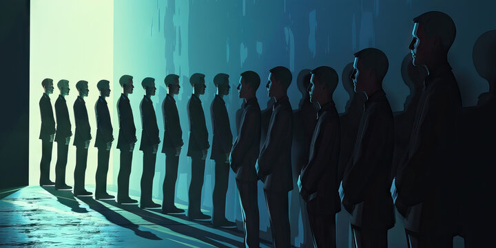 A police lineup, suspects lined up against the wall, their identities concealed, awaiting their fates to be sealed