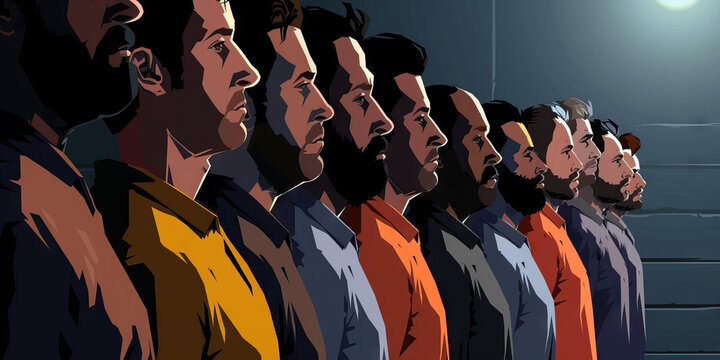 A police lineup, suspects lined up against the wall, their identities concealed, awaiting their fates to be sealed