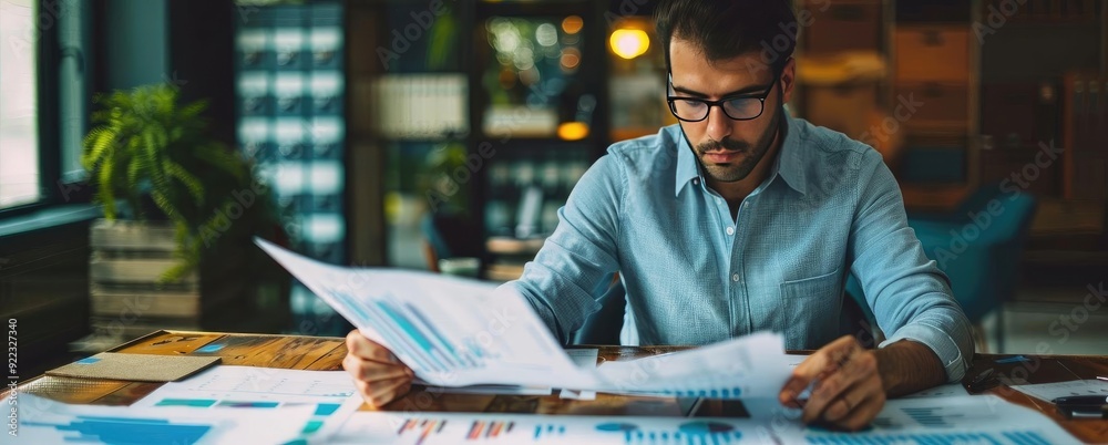 Aufkleber A focused professional analyzes charts and graphs in a modern workspace, highlighting data-driven decision-making.