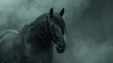 Majestic black horse standing in misty atmosphere during twilight