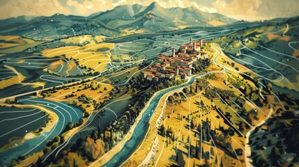 Aerial view of a picturesque village surrounded by hills and rivers.