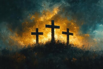 Fototapeta premium impressionistic oil painting of three crosses on calvary hill dramatic stormy sky with golden light breaking through evoking powerful emotion