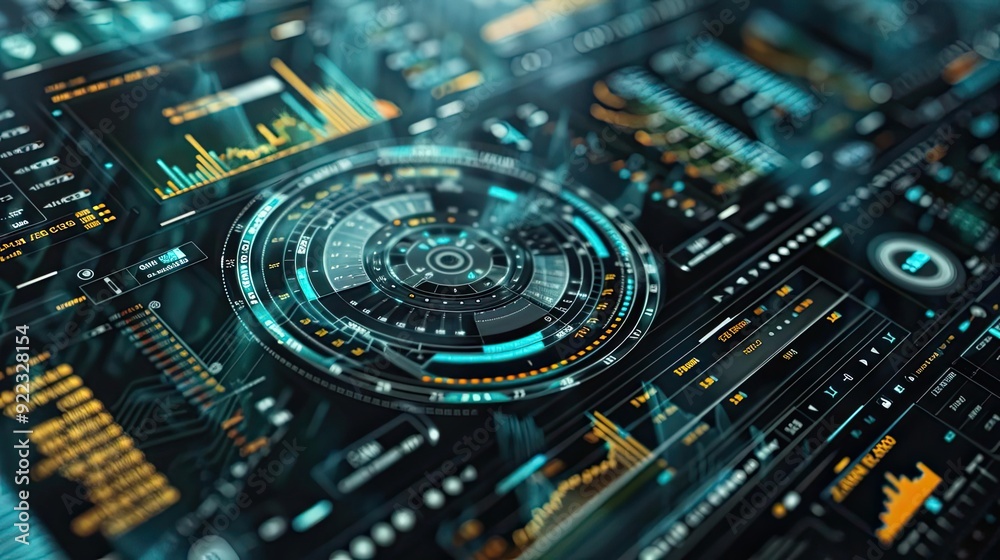 Aufkleber Futuristic data interface showcasing intricate graphs, circular patterns, and vibrant colors designed for technology and analysis.