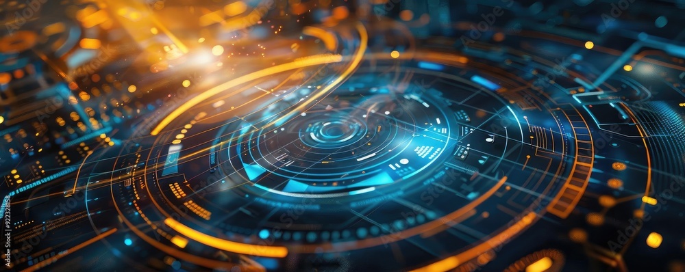 Poster Futuristic technology background featuring glowing circuits and digital patterns, ideal for innovation and tech-themed projects.