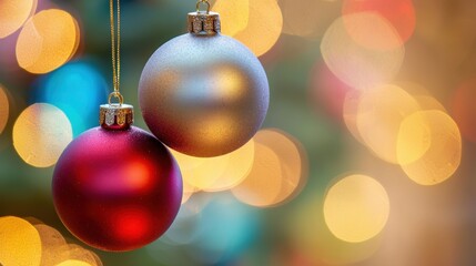 Fototapeta premium Christmas balls hanging on an out of focus background 