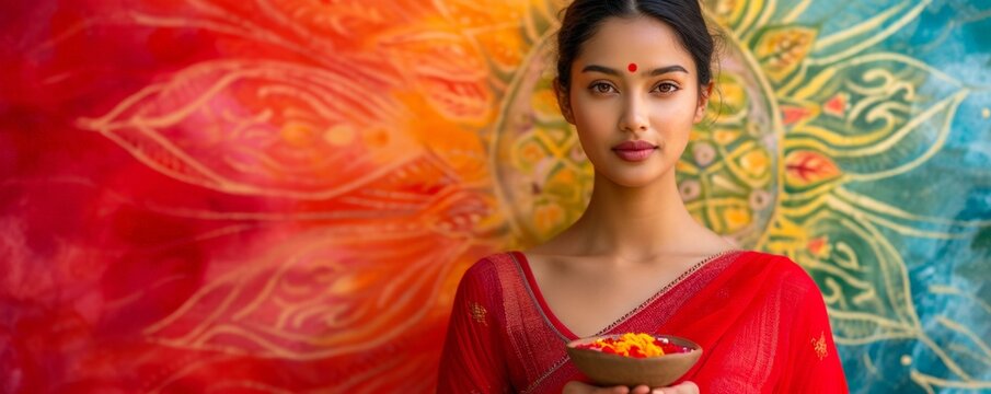 Young indian woman in  tradition red mekhla on colorful bright blurred rangoli background. Diwali,  Ugadi, Gudi Padwa, Hindu New Year. Indian festival  banner, copy space.